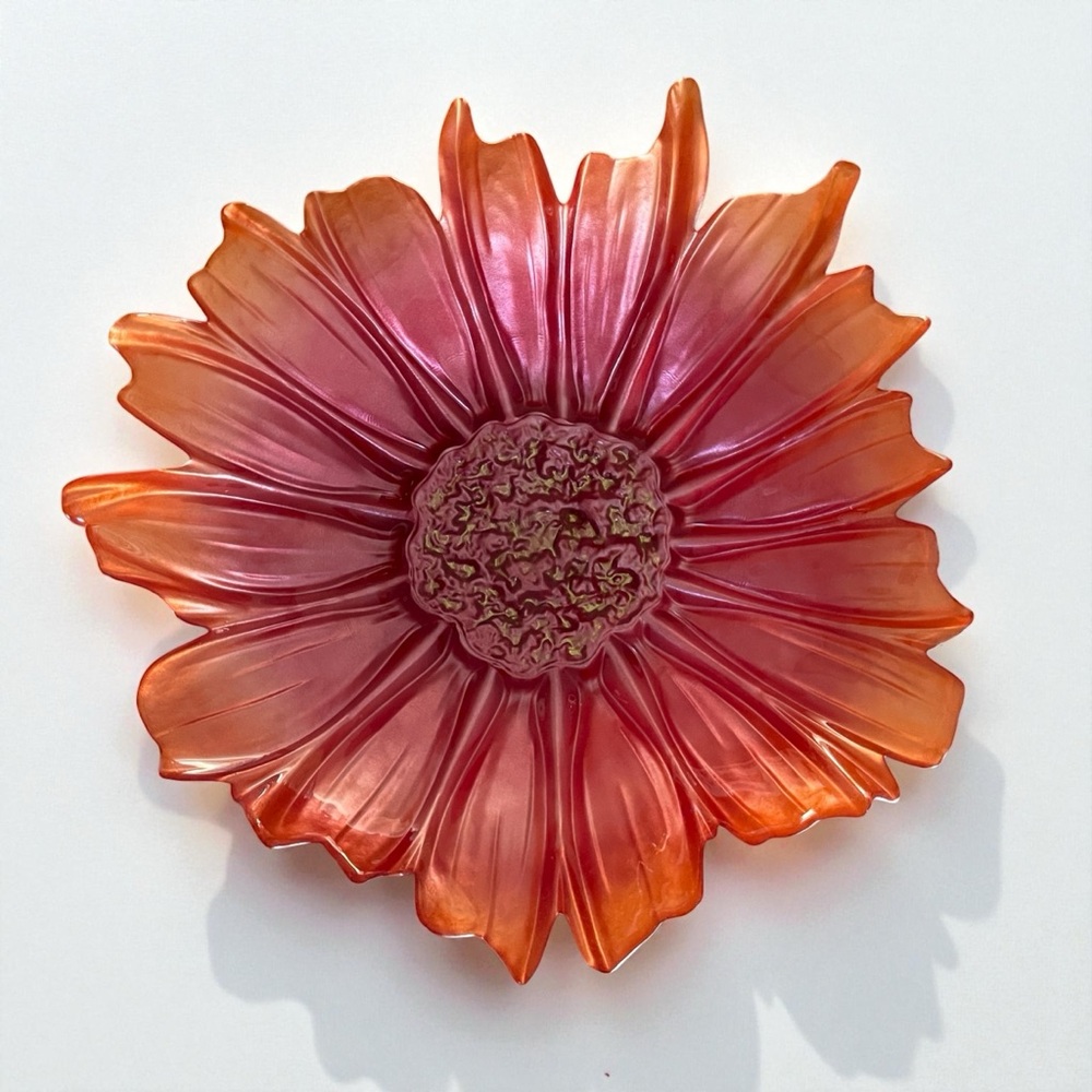Vtg Iridescent Pink Gold Daisy Flower Frosted Bowl 15" Murano Style Art Glass - Picture 8 of 9